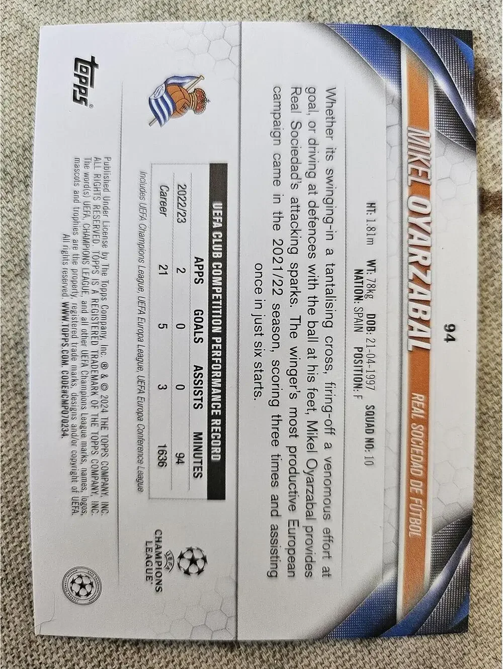 Topps UEFA Club Competitions Red Inferno Foil Mikel Oyarzabal #94